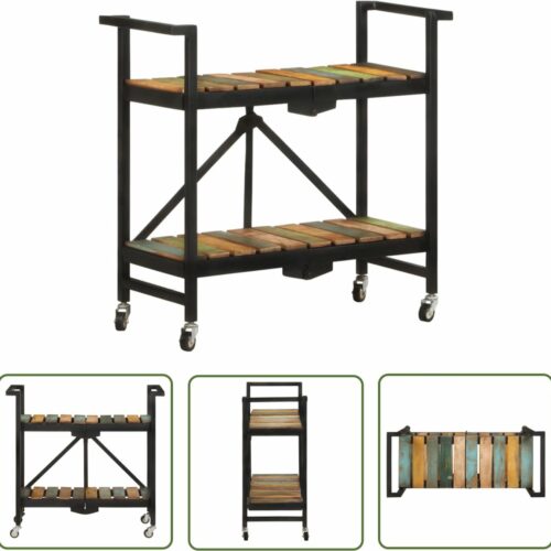 The Living Store Keukentrolley - Massief gerecycled hout - Multikleurige afwerking - 87 x 36 x 81 cm - Inklapbaar