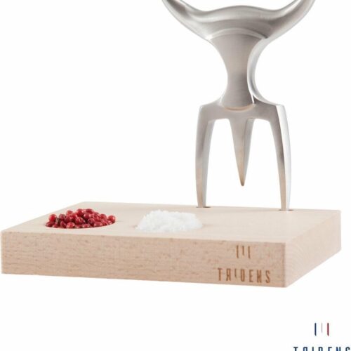 Tridens Brushed Fork in Pilo mirror Beechwood Base (Vleesvork in Beukenhout houder)