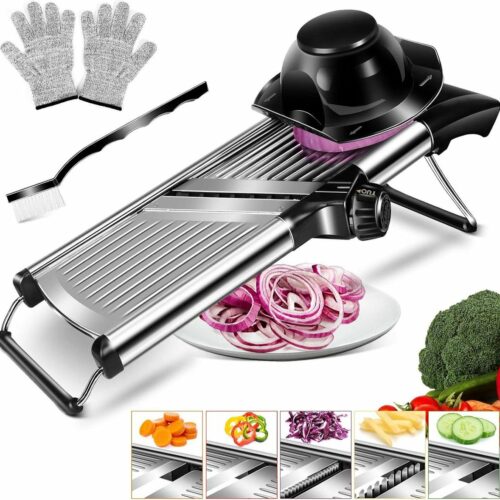 Verstelbare mandoline snijmachine - Roestvrijstalen Julienne snijmachine - Inclusief handschoenen en reinigingsborstel - Professionele keukenmandoline voor groenten - Aardappel ui kool fruit