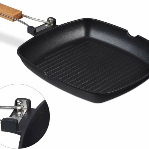 Verwijderbare houten greep grillpan met anti-aanbaklaag en groeven, aluminium zwart