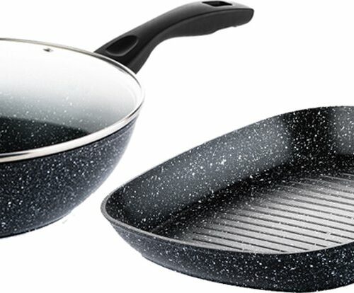 Westinghouse Pannenset - Zwart Marmer Grillpan 28cm + Wokpan 30cm - Zwart Marmer - Geschikt voor alle warmtebronnen inclusief inductie