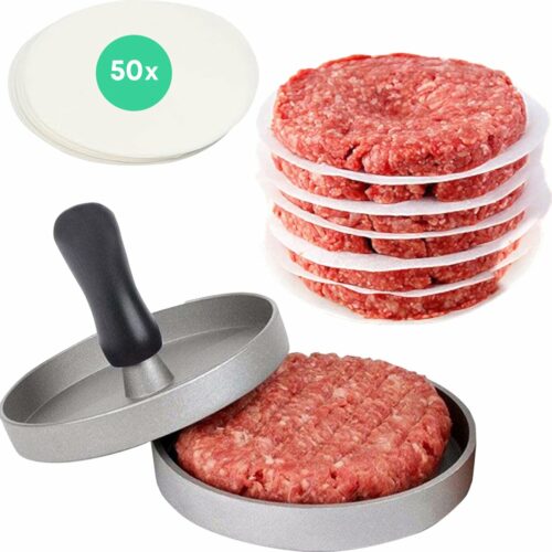 YUGN Hamburgerpers Hamburgermaker Burger Press RVS - Inclusief 50 Waxpapiertjes - Anti Aanbaklaag - Hamburger Pers - Hamburger Maker - Burgerpers - BBQ Accessoires - Cadeautip
