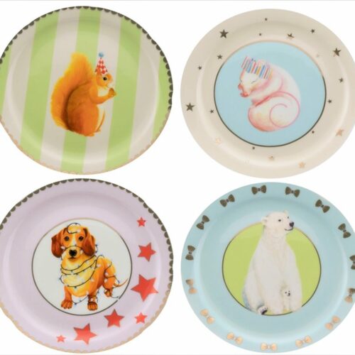 Yvonne Ellen London Kerst gebaksbordjes set van vier porselein met dieren zoals teckel, ijsbeer, eekhoorn en muisje