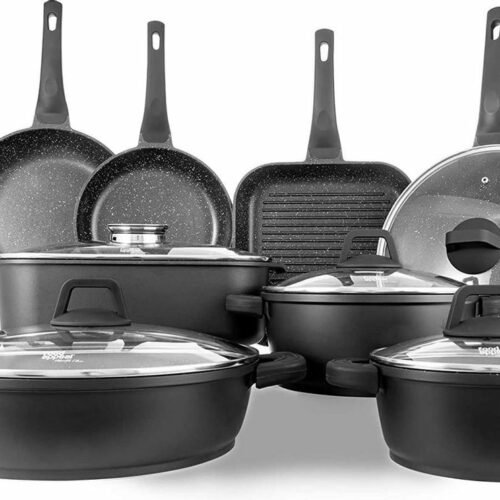 food appeal Marble Class Set 13-delige keukenpotten en pannen set | 20cm, 24cm, 30cm, 32cm ovenschalen, steelpannen met glazen deksel | Braadpannen van 24 cm, 28 cm, inductiepannen | 28cm grillpan | Braadpan van 35 cm met deksel van aromati