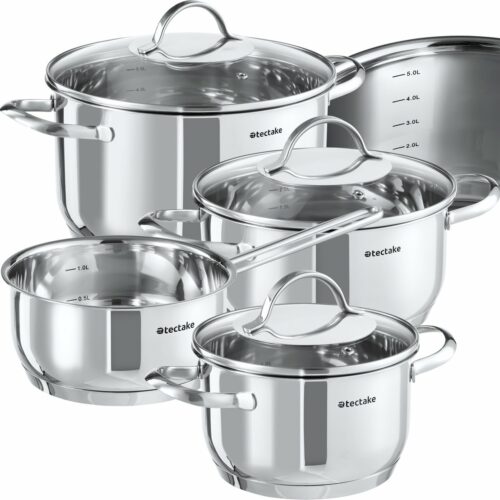 tectake® Pannenset - Roestvrijstalen kookgerei met deksel - 7-delig - Geschikt voor inductiekookplaten, gas- en elektrische fornuizen - Keukenset - Voor huis of camping