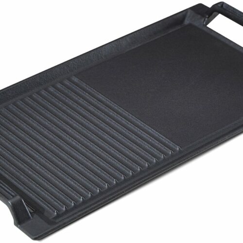 Arebos Grillplaat voor inductie, 43,6 x 22,9 cm braadplaat, gietijzeren grillpan voor inductie, kookplaten, oven, BBQ, gasgrill, met anti-aanbaklaag, krasbestendige ondergrond, half geribbeld en half