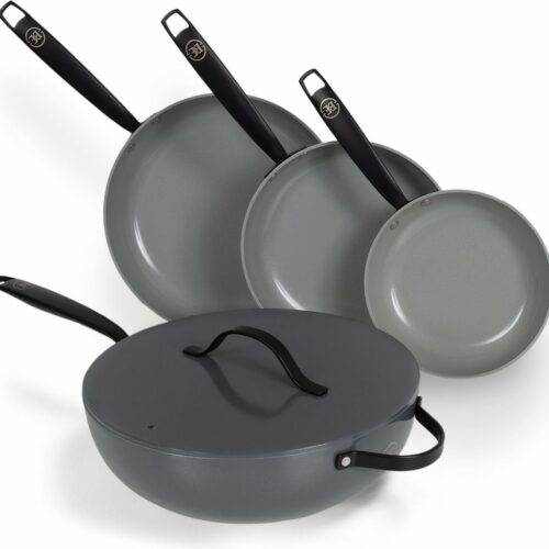 BE Living Pannenset 4-delig - Koekenpannen ⌀20, 24 en 28 cm + Wokpan ⌀30 cm - Keramische Koekenpannenset - PFAS vrije Koekenpan inductie - Geschikt voor alle warmtebronnen - Hapjespan - Grijs