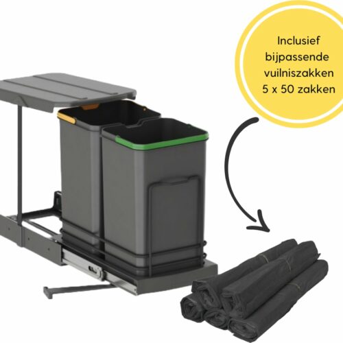 Emuca Afvalbak 2x12 Liter - Inbouw Prullenbak - Uittrekbare afvalemmer - Geschikt voor deurbreedte 28 cm, inbouwdiepte 46 cm & Kasthoogte 42 cm - Met 5 x 50 afvalzakken -Antraciet