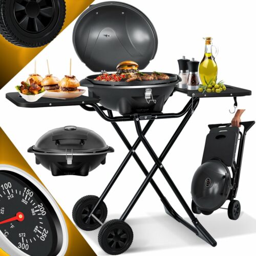 KESSER® Elektrische Barbecue 2in1 Tafelgrill 2400W - Staande Grill BBQ met deksel, Thermometer en Grillplaat - Tafelbarbecue Antiaanbaklaag met Opbergtafel en 2 wielen - Zwart