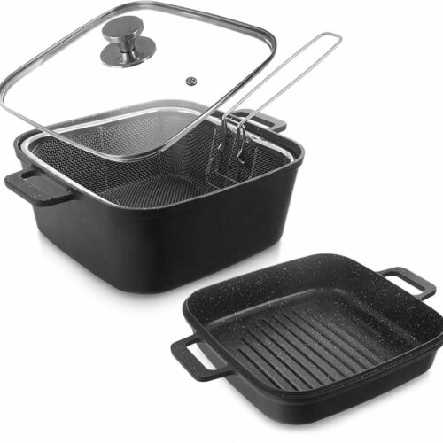 Kookpan Graniet met Glazen Deksel met Grillpan en Mandje GRANDE 2+4 l 4 delig - Kookpot - Soeppan