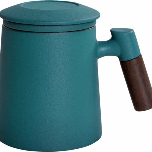 Mok voor dagelijks leven, theemok groot 400 ml, theekopje met deksel en zeef, keramische theekopjesset met houten handvat ter bescherming van verbranding, theemok voor geschenken, theekopje met zeef en deksel, theemok