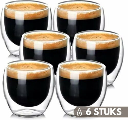 Motivai® Dubbelwandige Koffiebekers - 6 Stuks - 80 ML - Thermische Koffietassen - Espresso - Glas - Koffiebeker - Borrelglas - Dubbelwandig - kopje - beker
