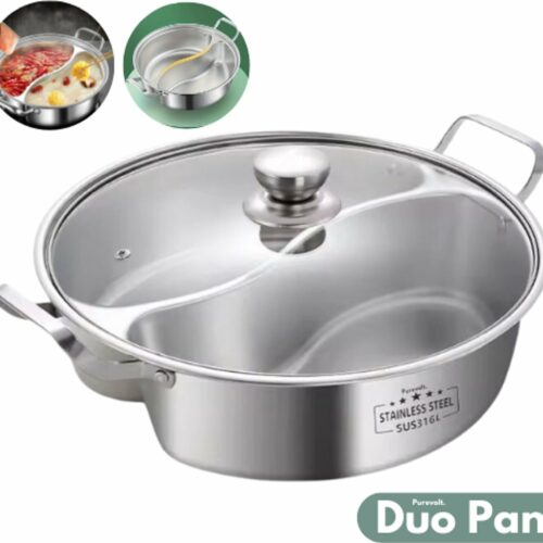 Purevolt. Duo Pan - Dubbele Pan - Inclusief Deksel - Roestvrijstaal - 2 In 1 - Trend Pan - KeukenMode - Pannen - Keuken Accessoire - Geschikt voor zowel Inductie als Gas - Perfect voor Hotpot en Fondue
