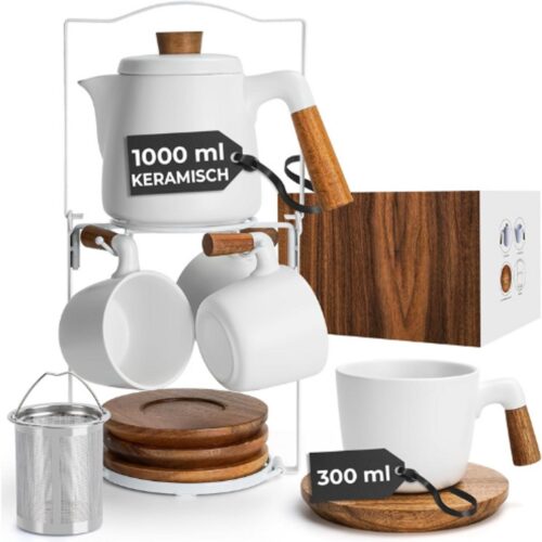 1000 Ml Keramische Theepot Set Met Infuser en Kopjes/Theezeef - 4 Keramische Theemokken (300 Ml) - Bamboe Schotels/Handvat Voor Thuis en Op Kantoor (Wit)