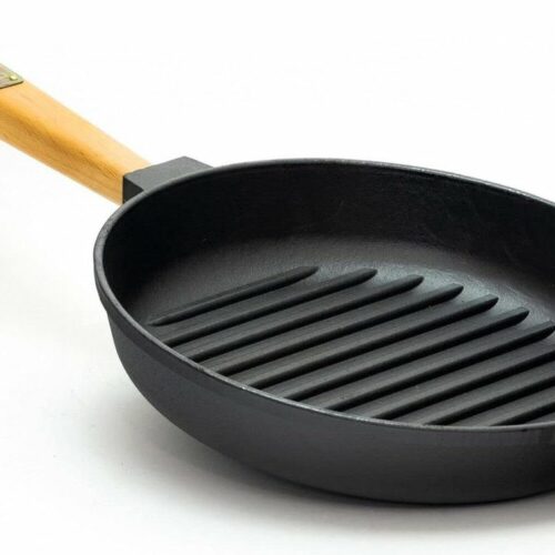 28-cm gietijzeren grillpan voor inductie met houten handvat - braadpan voor vuurpannen