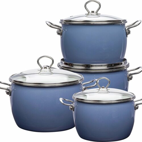 Altom Design Balbina 8 delige Emaille Pannenset blauw - Geëmailleerde Handgemaakte Kookset - Blauwe Vintage Kookpannenset