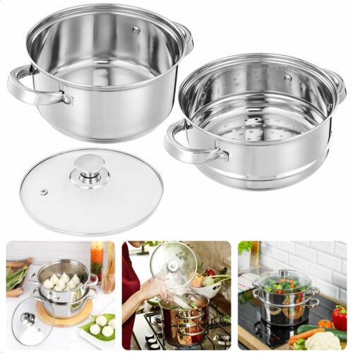 Cheqo® RVS Stoompan - Rijst- en Groentestomer - Handig voor Couscous en Rijst - 3-delig - Inductie - ⌀ 20 cm - Glazen Deksel - Inclusief EBOOK