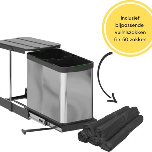 Emuca Afvalbak 2x12 Liter - Inbouw Prullenbak - Uittrekbare afvalemmer - Geschikt voor deurbreedte 28 cm, inbouwdiepte 46 cm & Kasthoogte 42 cm - RVS