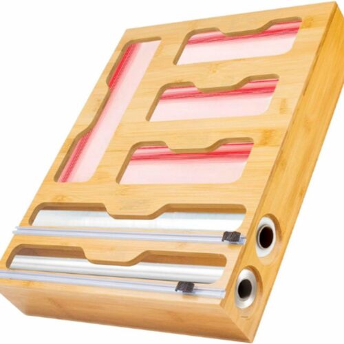 Folie- En Bamboefoliedispenser Met Snijmachine - Vrieszak-Organizer - 6-In-1 Keukenorganizer - 4 Vakken Voor Ritszakken - 2 Snijmachines Voor Folie En Aluminium