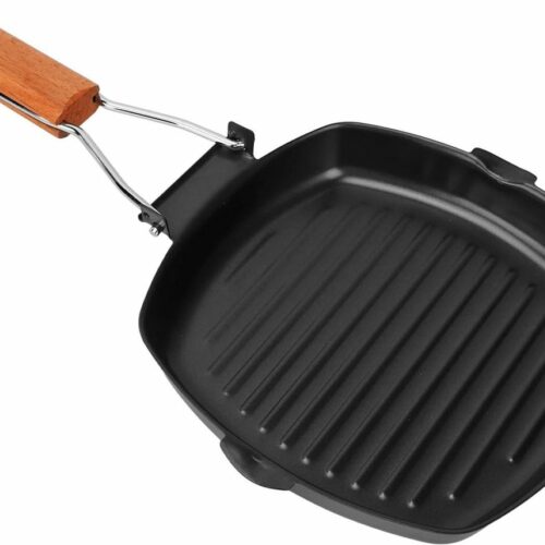 Gietijzeren steak grillpan met opvouwbare houten handgreep - antiaanbak - veelzijdige vierkante grillkoekenpan - binnen en buiten gebruik