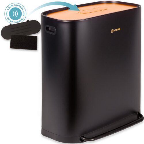 Homra Rockx Prullenbak 60 Liter - Duo Pedaalemmer 2X30L met Geurfilter - RVS Afvalscheidingsprullenbak 2 Vakken - Recycle Afvalbak - Vuilnisbak Keuken - Afvalemmer Afvalscheiding - Dubbele Prullenbakken Zwart Koper