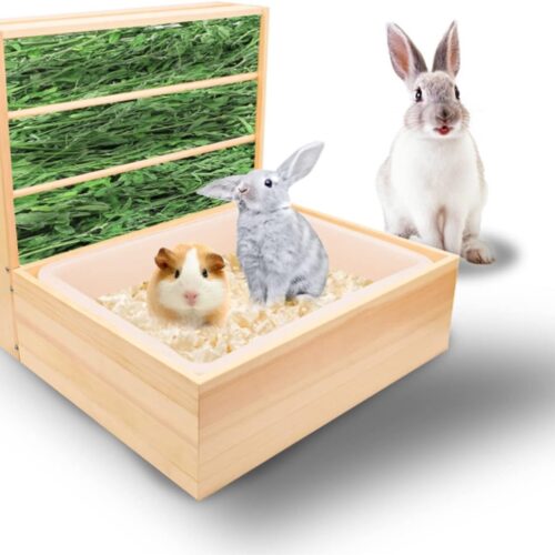 Hooiruip voor konijnenhout, hooiruip, natuurlijk met uitneembare afvalemmer van kunststof, 2-in-1 konijnenhooi voederautomaat voor de gezondheid van konijnen en kleine dieren