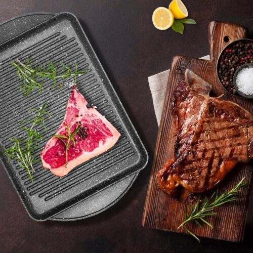 Rechthoekige anti-aanbak inductie grillpan van aluminium - 37 x 28 cm, groenten, steaks en vis, gezond koken