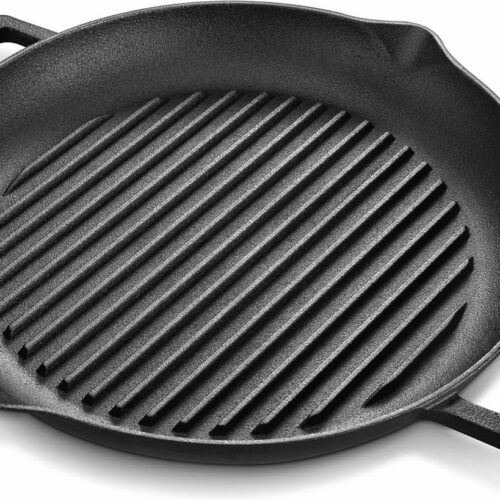 Ronde grillpan van gietijzer - 385 cm x 335 cm - met handgrepen en schenktuiten - inductie geschikt - voor steak vlees en BBQ