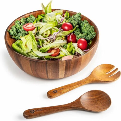 Saladeschaal van acaciahout - slakom met serveerbestek - 3 delig - natuurlijk hout