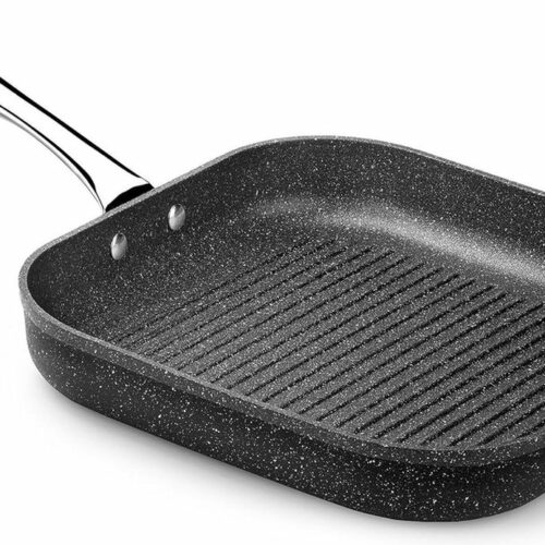 Vierkante Minerale Grillpan Met Groeven 28 X 28 Cm - Gegoten Aluminium - Anti-aanbaklaag - Inductie Geschikt