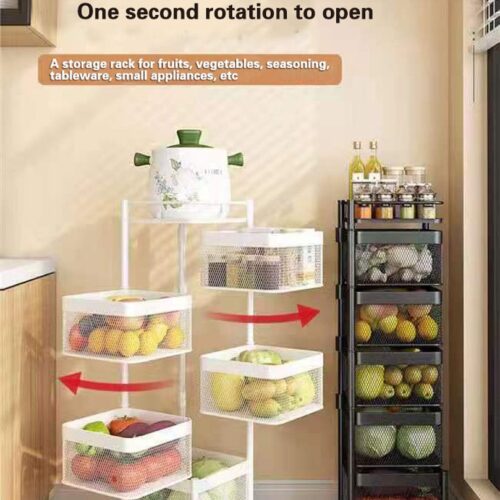 Bij Zia - Keukentrolley vierhoek - 5 laags - Keukentrolley voor groente en fruit - Keukenrek op wielen - Opbergkast met manden - Draaibare opbergmand met Wielen - Carbon staal - 29 x 29 x 90 cm (LxBxH) - Zwart