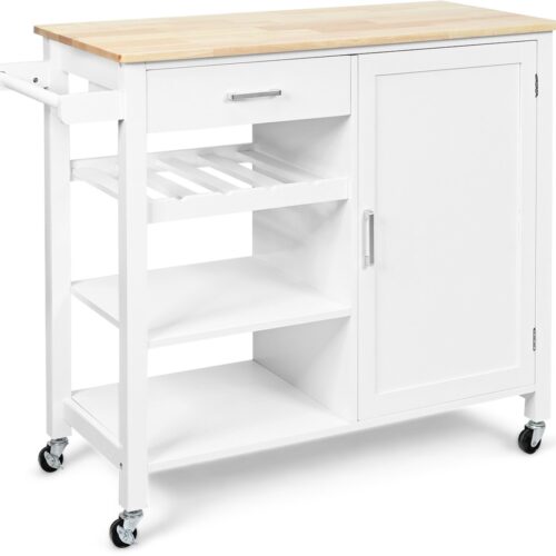 COSTWAY Rolende keukentrolley, mobiel keukeneiland met lade, wijnrek, open planken, handdoekhouder, ruimtebesparende serveerwagen op wielen, voor keuken, eetkamer, bar (wit)