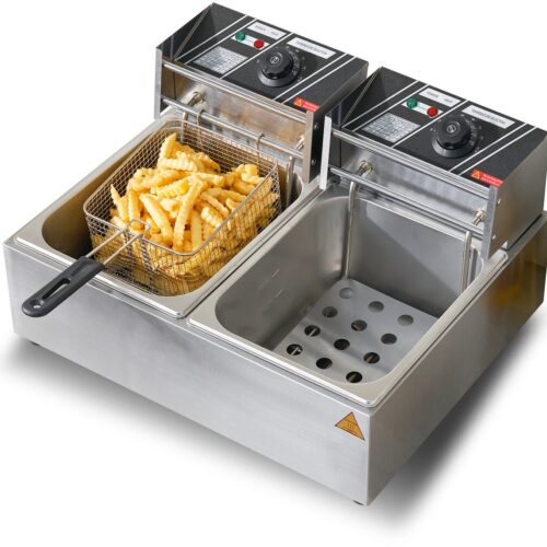 Commerciële elektrische friteuse, 24 liter inhoud, 5000 W roestvrijstalen tafel friteuse met twee uitneembare manden, voor keuken en restaurant, Silver