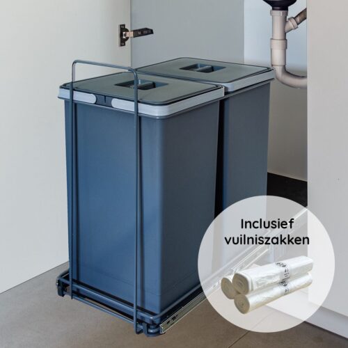Eleganca Inbouw Prullenbak - 2 x 24 L - Afvalemmer - Afvalbak Afvalscheiding - Geschikt vanaf deurbreedte 35 cm, inbouwdiepte 48 cm & Kasthoogte 55 cm - Met vuilniszakken - Antraciet