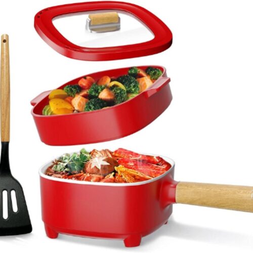Elektrische Hot Pot - Cermic Glazuur Non-Stick Koekenpan - Draagbare Multicooker voor Ramen - Steak - Ei - Gebakken Rijst - Havermout - Soep - 350W/800W (Rood/2L Met Stoomboot)