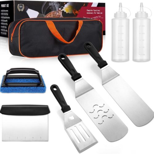 Grillpan-accessoireset, 8-delige platte grill-accessoireset voor Blackstone en Camp Chef, metalen grill-barbecue extra grote spatelset met draagtas voor buitengrillen en kamperen