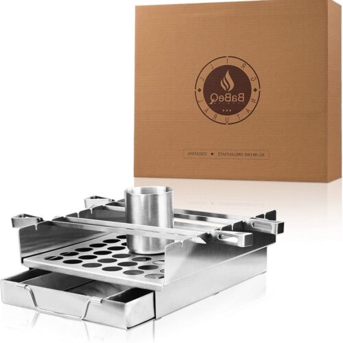 Roestvrijstalen grillhouder voor grillspiesen en kippenbrader - inclusief grillmand en grillpan - geschikt voor vleespennen en groentespiesen