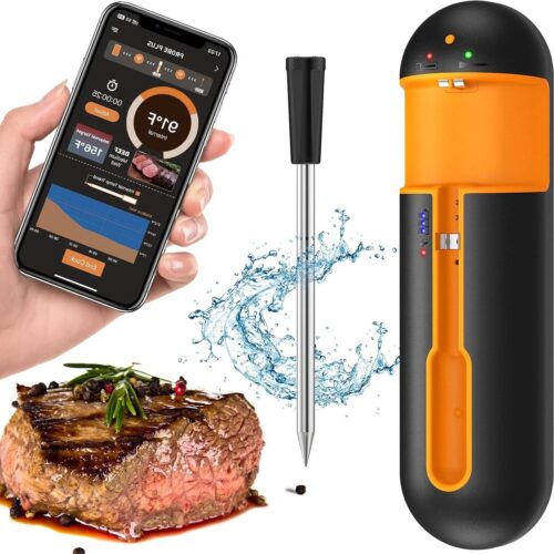 Vleesthermometer draadloos bluetooth IP67 oplaadbaar app oven grill pan friteuse oranje-zwart