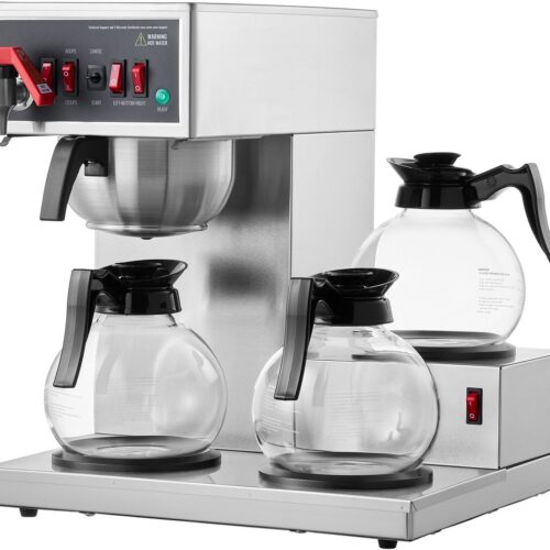 12 Kopjes Commerciële Filterkoffiemachine, 3 Glazen Karaffen en 3 Warmhoudplaten, Rvs Koffiemachine voor Restaurant, Kantoor, Café