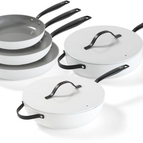 BE Living Essential 5-delige Pannenset - ⌀ 20, 24 & 28 cm Koekenpan + ⌀30 cm Wokpan + ⌀28 cm Hapjespan - Koekenpannenset - Keramisch - PFAS vrij - Inductie - Wit