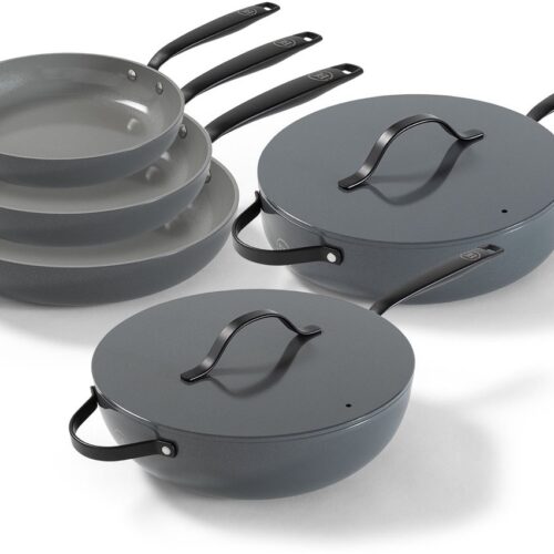 BE Living Essential 5-delige Pannenset - ⌀ 20, 24 & 28 cm Koekenpan + ⌀30 cm Wokpan + ⌀28 cm Hapjespan - Koekenpannenset - Keramisch - PFAS vrij - Inductie - Grijs