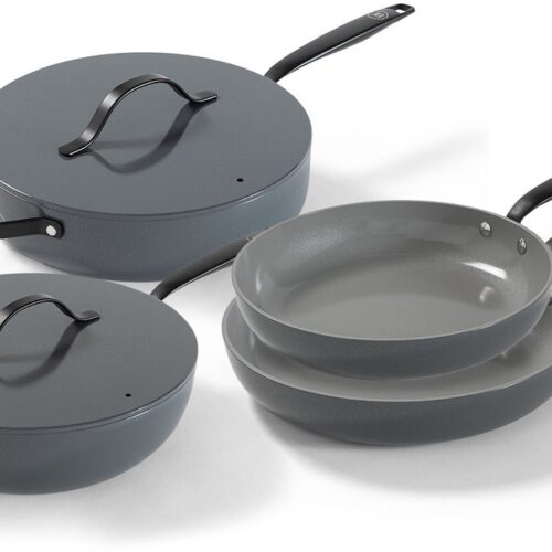 BE Living Essential Pannenset - 2 Stuks Koekenpannen ⌀24, 28 cm + ⌀28 cm Hapjespan met Deksel + ⌀ 30 cm Wokpan met Deksel - Keramische Pannenset - PFAS vrije Sauteerpan inductie - Geschikt voor alle warmtebronnen - Grijs