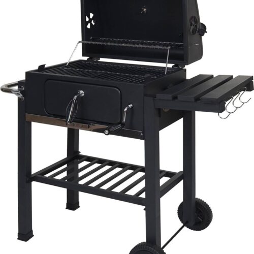 Barbecuetrolley MCW-K93, houtskool barbecue staander BBQ tuinbarbecue met deksel planken, staal, 110x100x51cm zwart