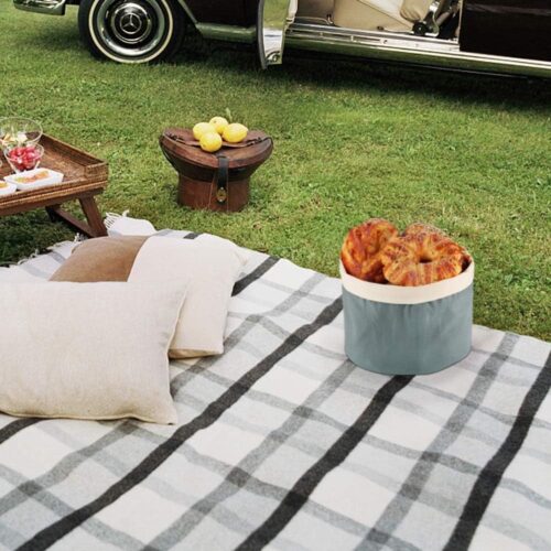 Broodmand met deksel en trekkoord, diameter 25 cm, eenvoudig te dragen, broodmand, 100% katoen, blauwgrijs, stofdicht