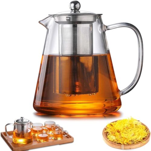 Famanu Theepot van 1,3 liter, theepot met zeef, borosilicaatglas, oververhittingsbeveiliging, thee-ei voor losse bladeren, theepot, glazen theepot, ideaal voor het bereiden van losse thee, kruiden