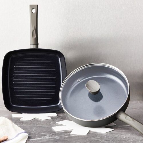 ISENVI Avon Combideal - keramische grillpan en hapjespan - Ergo - Antraciet - Keramisch - 100% PFAS, PTFE en PFOA vrij - 100% duurzaam - Unieke Antiaanbaklaag - Non-stick bodem - Vaatwasbestendig - Geschikt voor alle warmtebronnen inclusief inductie