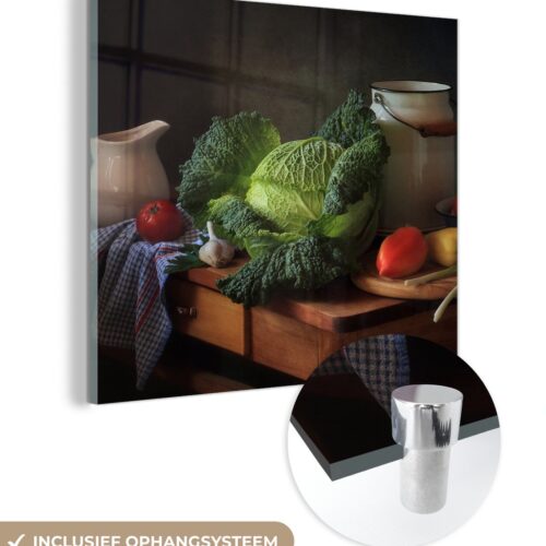 MuchoWow® Glasschilderij 90x90 cm - Schilderij acrylglas - Stilleven - Kool - Melkkan - Foto op glas - Schilderijen