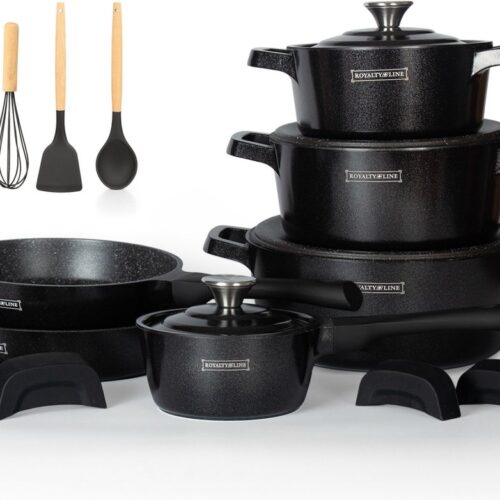 Royalty Line® OS1014 Pannenset Inductie - 17 Delige Pannenset - 4 Afneembare Koudgrepen - Geschikt Voor Alle Warmtebronnen - Zwart