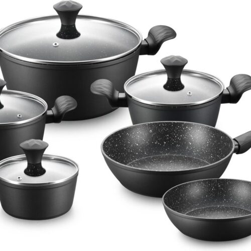 Royalty Line® T010 Pannenset Inductie - Luxe 10 Delige Pannenset - Met Siliconen Handgreep - Pannen Geschikt Voor Alle Warmtebronnen - Antiaanbaklaag - Zwart