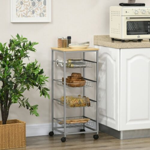 Serveerwagen Keukentrolley met metalen manden 36,5 x 36,5 x 89 cm Keukentrolley Bijzetwagen zilver voor keuken & eetkamer